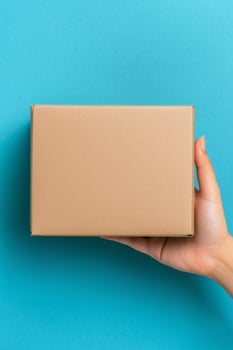 A person holding a plain brown box against a vibrant blue background in a bright setting photo