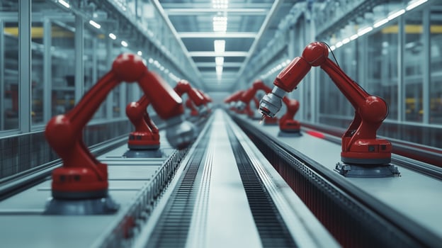Modern automated assembly line featuring robotic arms in a high-tech manufacturing facility photo