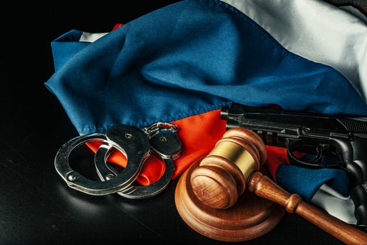 Russian justice. Wooden gavel and russian flag photo