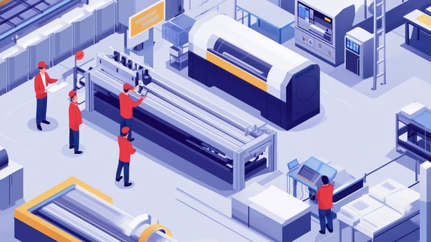 Workers operating advanced machinery in a modern manufacturing facility focusing on production efficiency photo