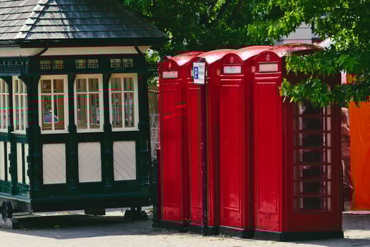 Charming Red Telephone Booths Next to Vintage Kiosk in Harrogate, UK photo