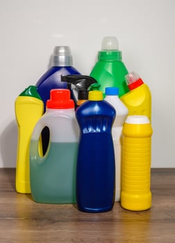 Cleaning supplies. Household chemical detergent bottles. photo