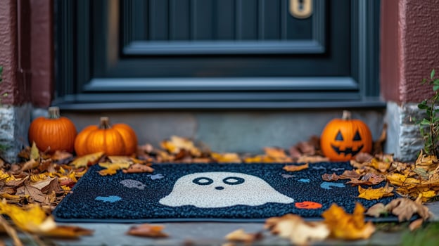 A spooky Halloween-themed welcome mat with a ghost design photo