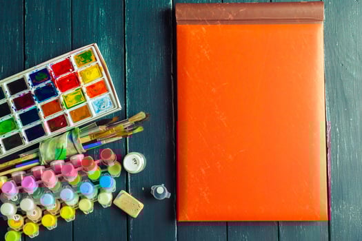 Set of watercolor paints and paintbrushes for painting photo