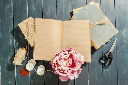 flowers with empty vintage notebook for your design photo