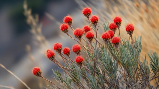 Vibrant red flowers bloom atop rugged terrain in a mountainous landscape during the golden hour of sunset photo