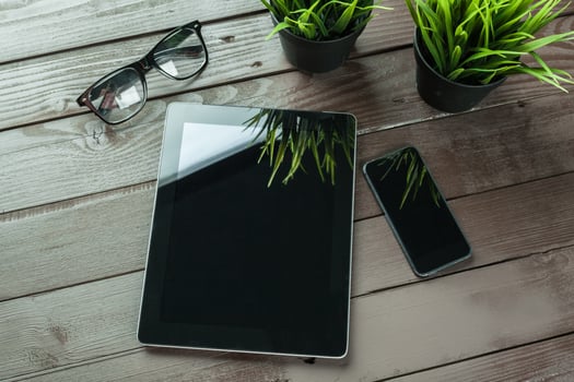 Working place, wooden table photo
