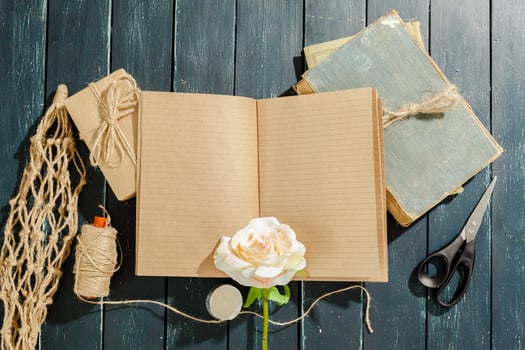 flowers with empty vintage notebook for your design photo