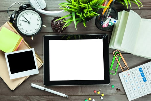 Working place, wooden table photo