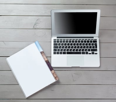 Working place, wooden table photo