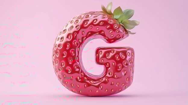 The letter G is framed by a red strawberry textured fruit for kids on solid background photo