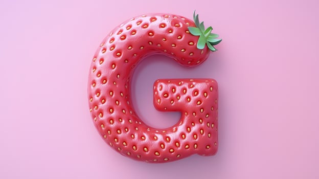 The letter G is framed by a red strawberry textured fruit for kids on solid background photo