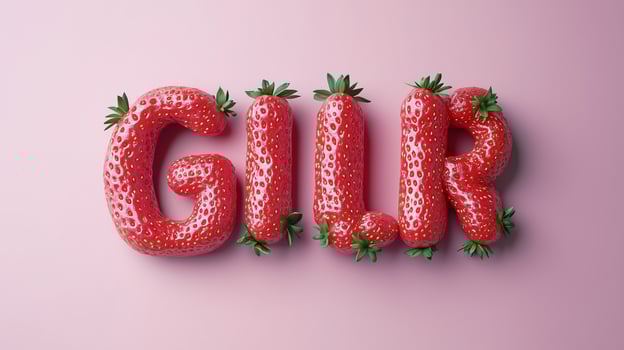 The letter GIRL is framed by a red strawberry textured fruit for kids on solid background photo