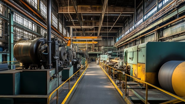 Inside a busy industrial facility showcasing heavy machinery and equipment, with bright lighting illuminating the production area during the day photo