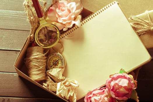 flowers and a notebook on wooden background photo