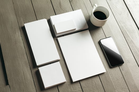 Working place, wooden table photo
