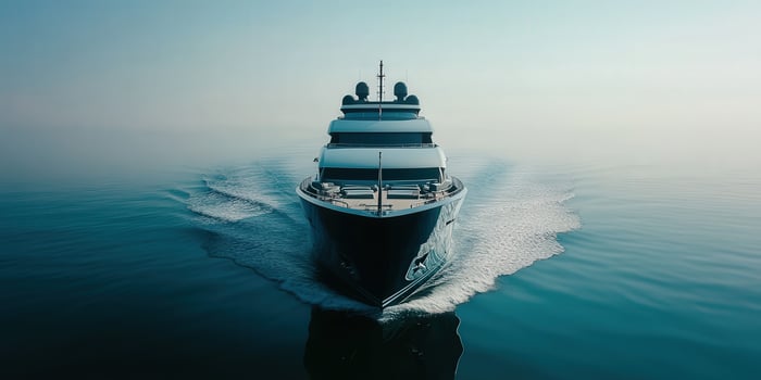 Luxurious yacht cruising through calm waters at sunrise photo