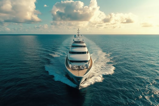 Luxurious yacht cruising through calm waters at sunset photo