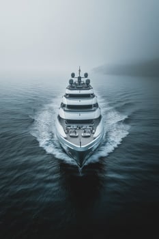 Luxurious yacht cruising through misty waters at dawn photo