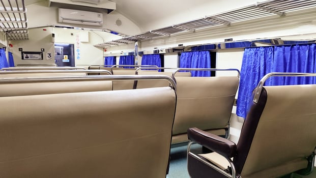 Train seats or train interior, empty passengers in train carriages. photo
