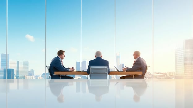 Business executives discussing recession bailout plans, tense atmosphere, 3D illustration photo