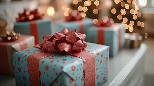 Various beautifully wrapped gift boxes with ribbons. photo