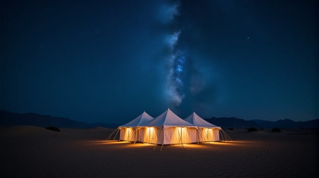 Serene Desert Night Scene Featuring a Cluster of Traditional White Tents Under a Breathtaking Milky Way Galaxy photo