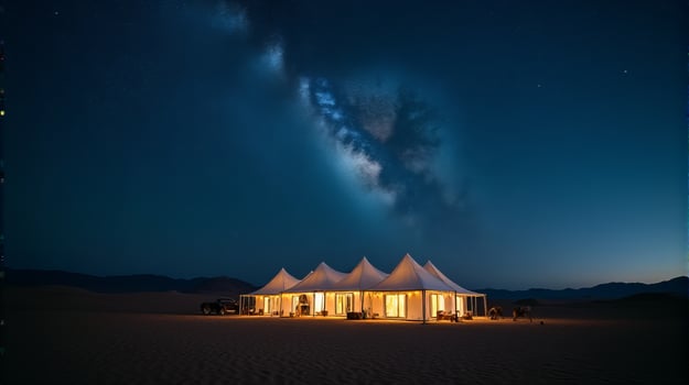 Serene Desert Night Scene Featuring a Cluster of Traditional White Tents Under a Breathtaking Milky Way Galaxy photo