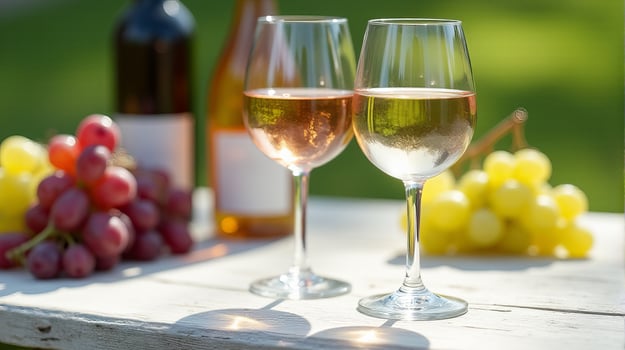 Two Wine Glasses, a Rose Wine and White Wine, Placed on a Rustic White Wooden Table. Include a Small Bunch of Red and Green Grapes Next to the Wine Glass photo