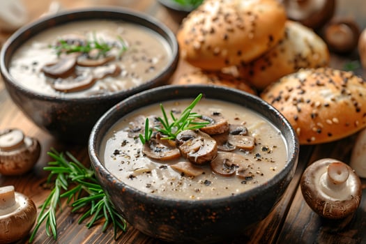 Rustic Mushroom Soup with Fresh Rosemary and Seeded Bread Rolls - Perfect for Cozy Dining photo