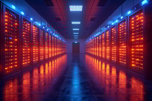 Futuristic Data Center Hallway with Illuminated Server Racks in Blue and Red Light photo