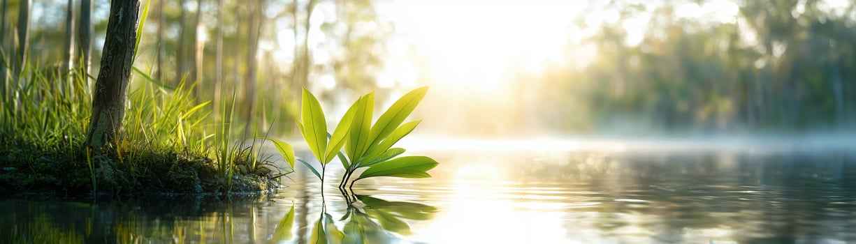 Serene scene of green water plants beside a calm lake, surrounded by lush trees and soft morning mist, reflecting nature's tranquility and beauty. photo