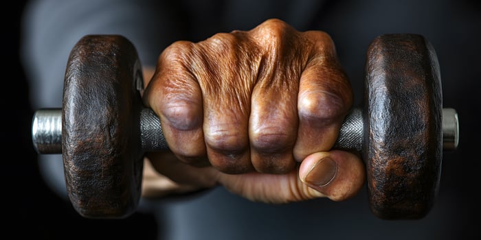 Close-up of Senior's Hand Griping a Vintage Dumbbell photo