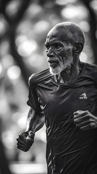 Black and White Portrait of an Elderly Man Running photo