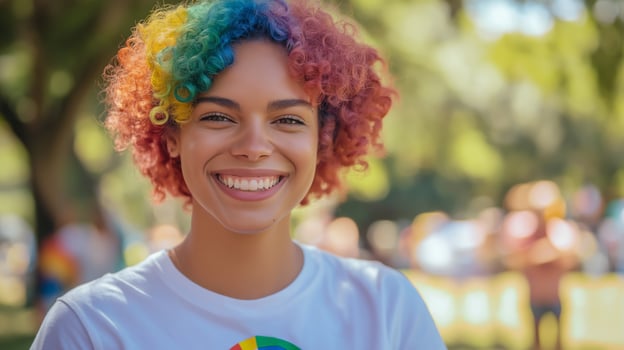 Woman with Rainbow Colored Curly Hair Smiling Outdoors in Nature Setting, LGBT Pride Celebration Concept photo
