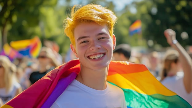Cheerful Young Man with Bold Yellow Hair Celebrates at Pride Parade, LGBTQ Representation, Diversity and Joy photo
