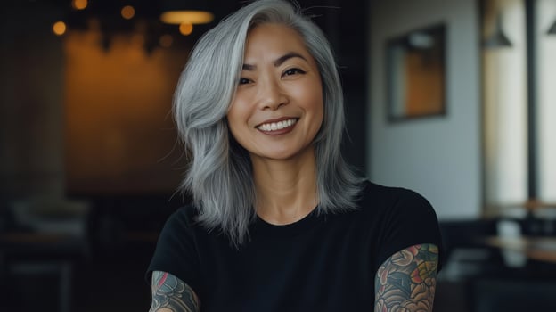 Elegant Asian Woman with Silver Hair in Modern Setting Professional and Confident Portrait for Advertising and Design Use photo