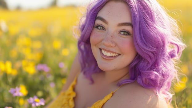 Joyful Woman with Purple Hair in Vibrant Flower Field, Radiant Smiles and Natural Beauty, Springtime Happiness photo