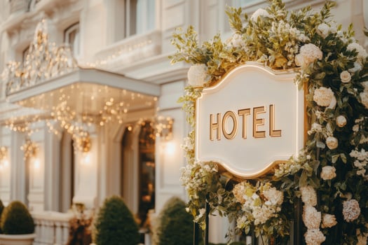 Elegant hotel entrance adorned with lush floral arrangements photo