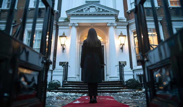 A woman stands on a red carpet in front of a large white building. The woman is wearing a black coat and she is waiting for someone. The scene has a sense of anticipation and importance photo