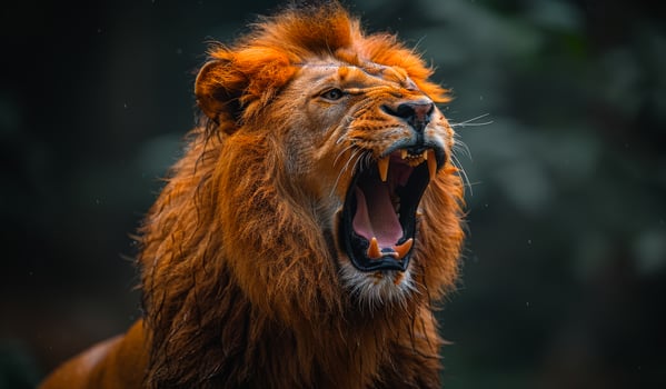 A lion is roaring in the wild. The lion is in a forest with trees and bushes. The lion is in a wild state, and it is showing its teeth photo