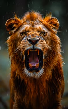 A fierce lion is roaring with its mouth wide open, showing its sharp teeth and intense gaze. The rain is pouring down, adding to the dramatic atmosphere of the scene photo