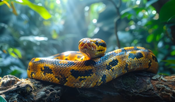 A snake is curled up on a branch in a jungle. The snake is yellow and black with a black head photo