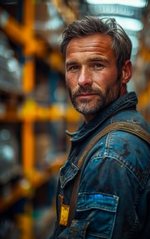 A man with a beard and a mustache is standing in front of a yellow wall. He is wearing a blue jacket and a blue shirt photo