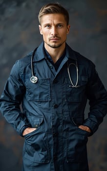 A man in a blue coat with a stethoscope around his neck stands in front of a wall. He is wearing a blue coat with a stethoscope around his neck, and he is a doctor or a medical professional photo