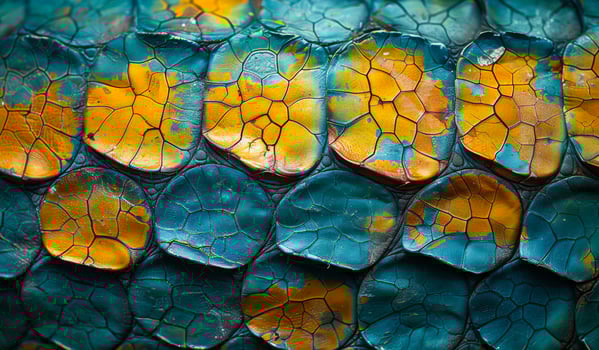 A colorful and textured surface, possibly a leaf or a piece of leather. The colors are a mix of blue and yellow, creating a vibrant and eye-catching appearance. The surface has a unique pattern photo