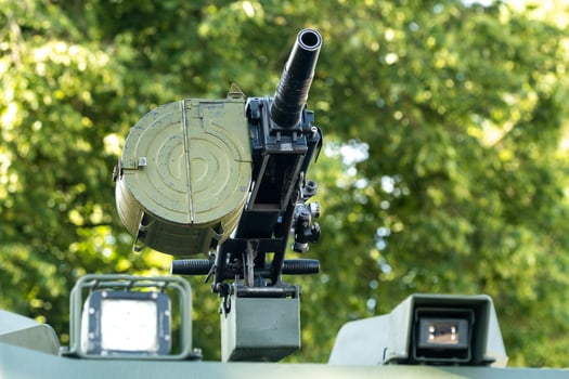 A grenade launcher standing in combat readiness on an infantry fighting vehicle.Military concept photo