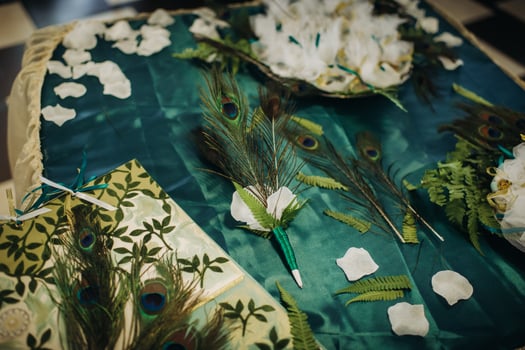 wedding table decoration with flowers on the table in green style, dinner table decor photo