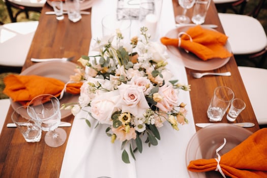 wedding table decoration with flowers on the table, dinner table decor photo
