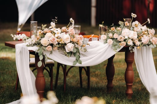 wedding table decoration with flowers on the table, dinner table decor photo